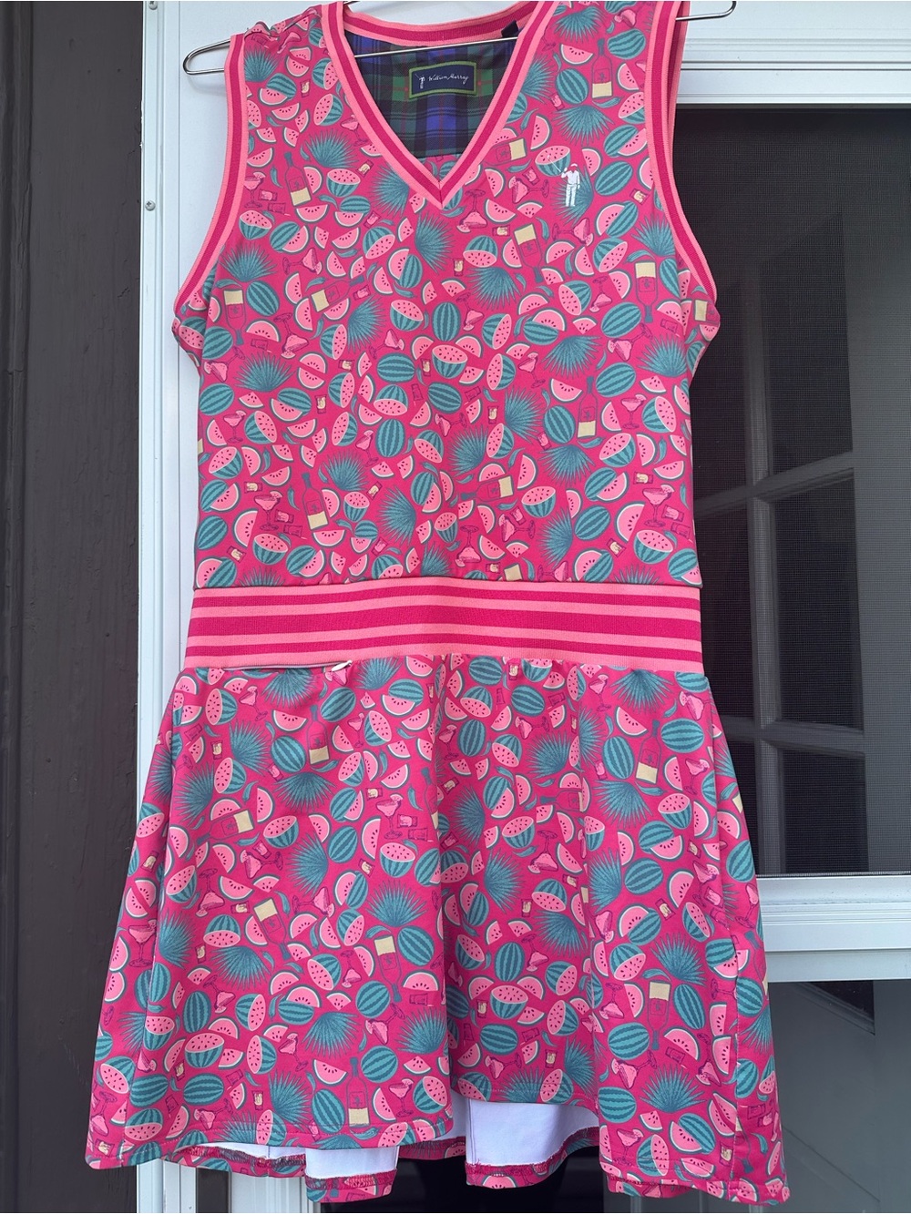 William Murray Pink Tropical Water Print Sleeveless Dress with Striped Waistband
